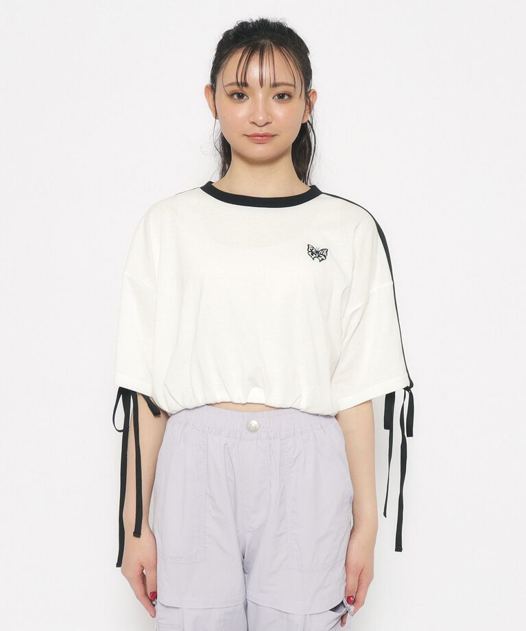 PINK-latte「【スクールコーデ】袖ラインリボンTシャツ」|Tシャツ・カットソー|