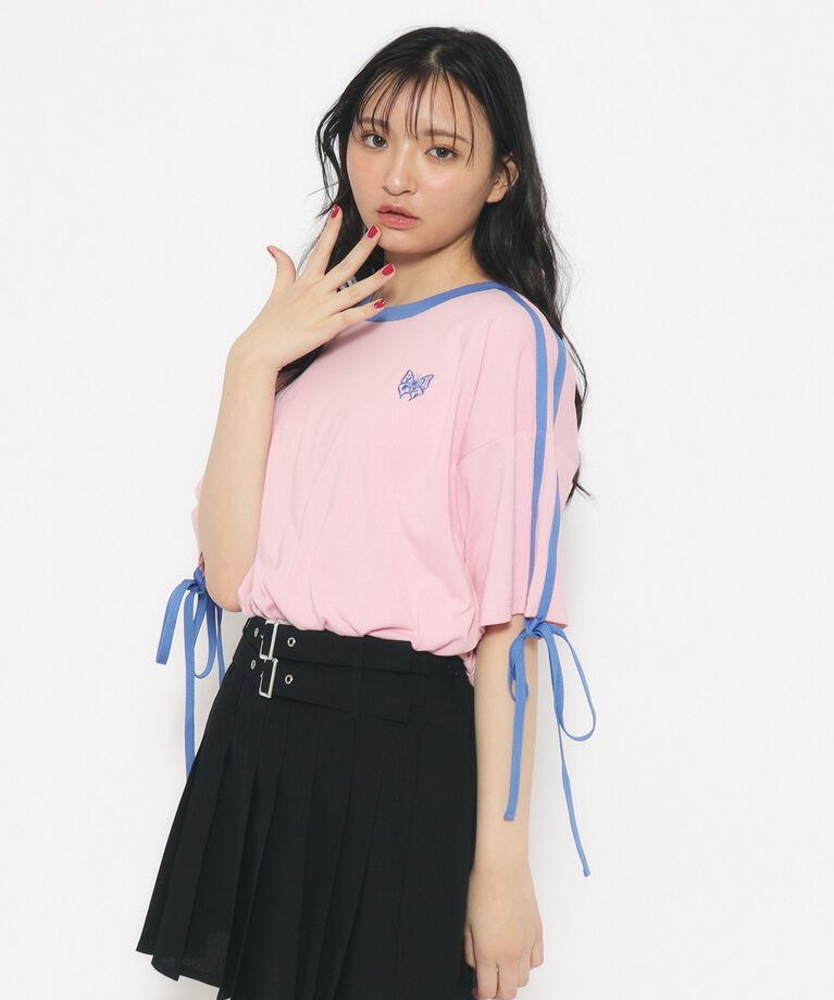 PINK-latte「【スクールコーデ】袖ラインリボンTシャツ」|Tシャツ・カットソー|