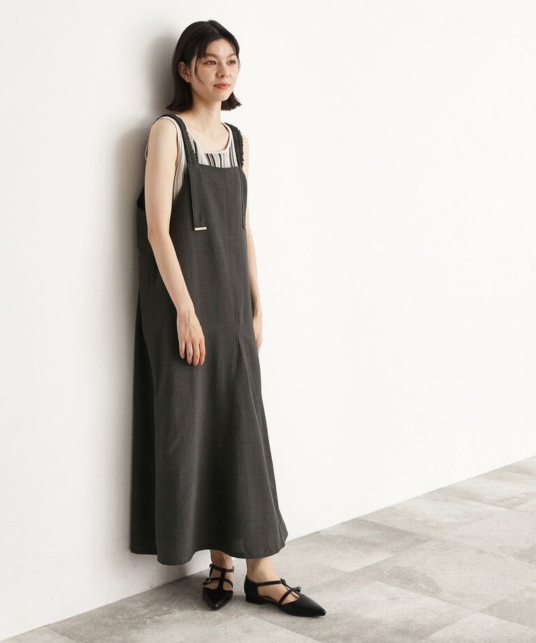 THE SHOP TK「ギャザーストラップ麻調ワンピース」|ワンピース|ﾁｬｺｰﾙｸﾞﾚｰ(014)