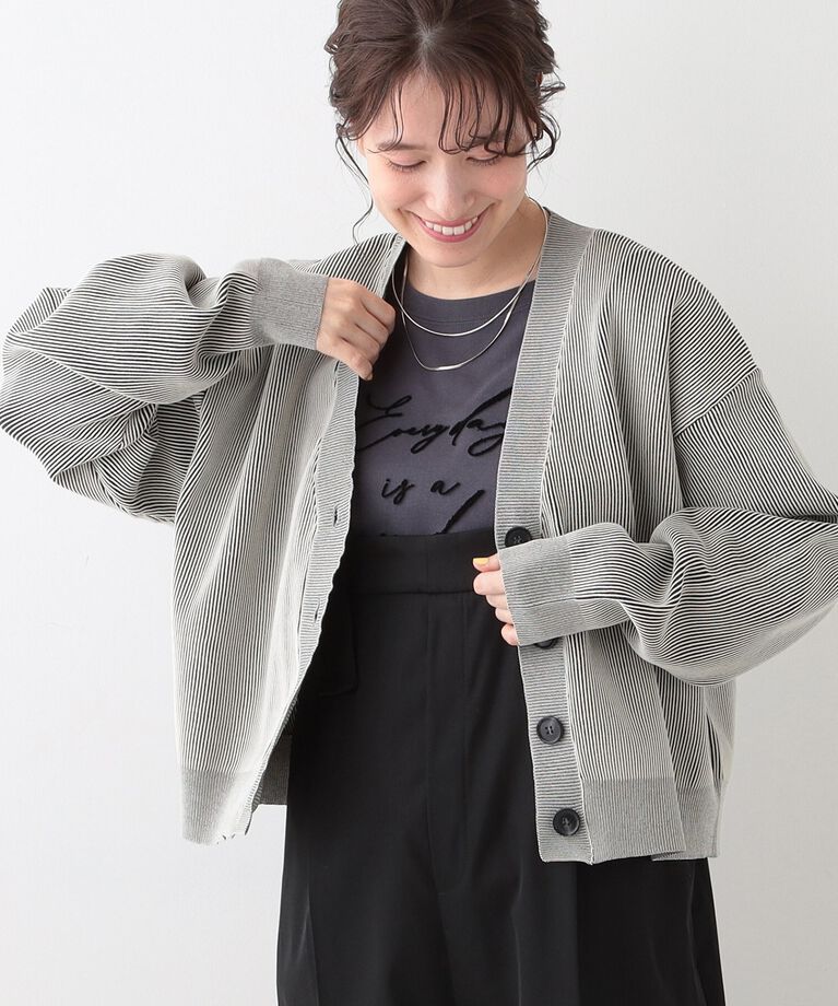 SHOO･LA･RUE「【着丈が選べる】スポンディッシュ配色畦カーディガン」|カーディガン|ブラック(519)