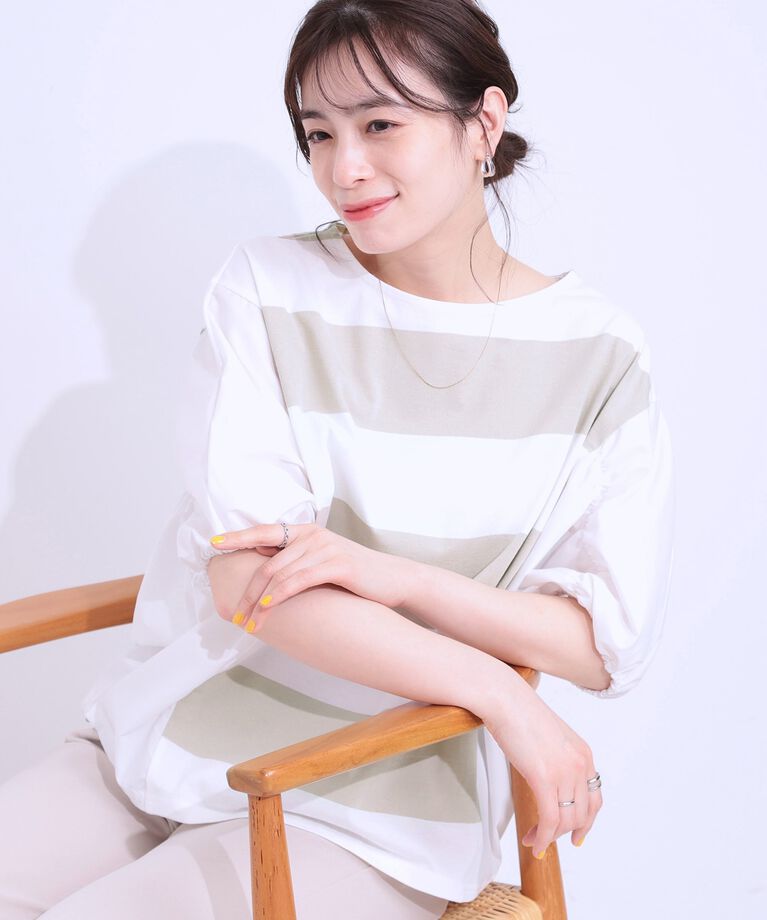 SHOO･LA･RUE「ふわりシルエットが新しい ワイドピッチボーダートップス」|Tシャツ・カットソー|ベージュ(352)