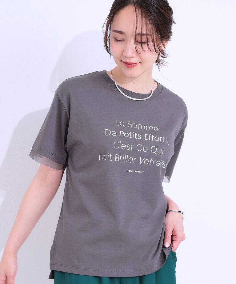 SHOO･LA･RUE「【S-LL/接触冷感/UVカット】選べる3柄 お袖チュールで差をつける ロゴプリントTシャツ」|Tシャツ・カットソー|チャコールグレー(5