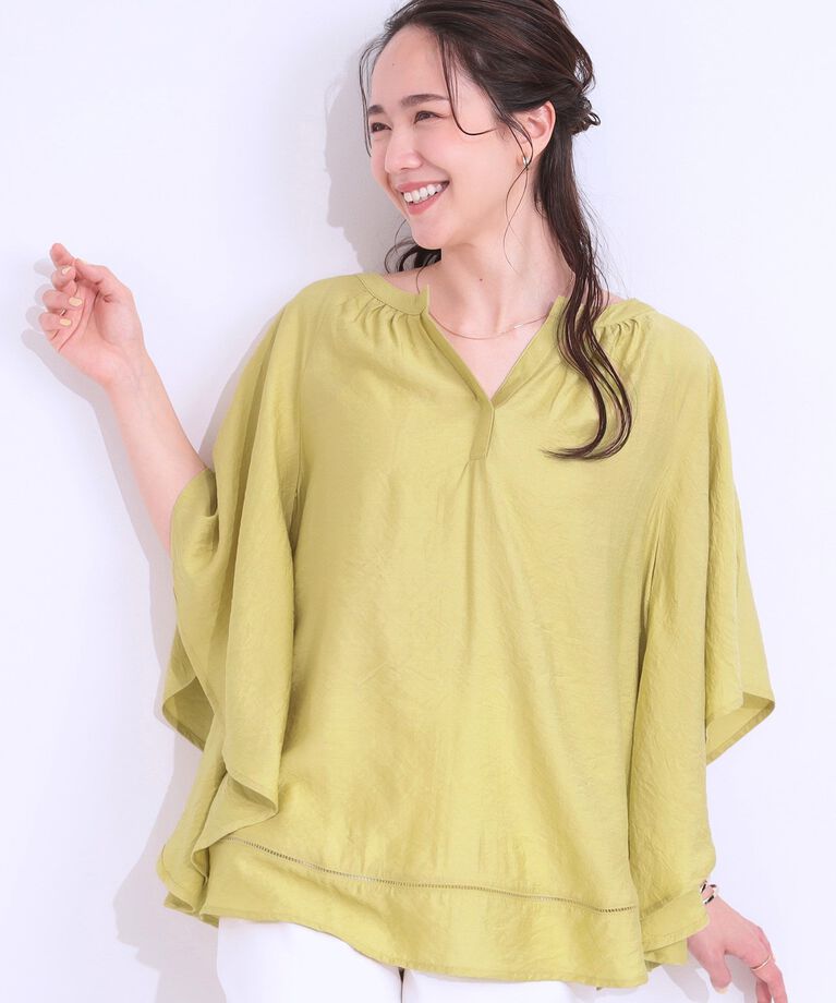 SHOO･LA･RUE「【洗える/S-LL/接触冷感】涼しく体型カバー お袖フレア ドレープブラウス」|シャツ・ブラウス|イエロー(031)