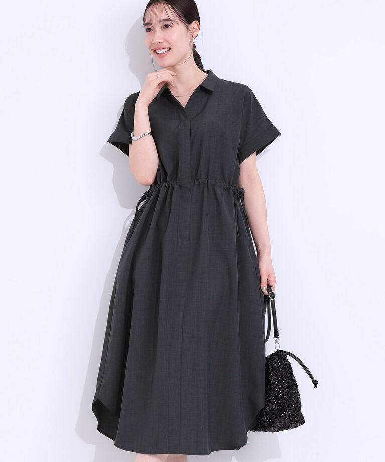 SHOO･LA･RUE「【S-LL】お顔周りすっきり 麻調スキッパーシャツワンピース」|ワンピース|チャコールグレー(0