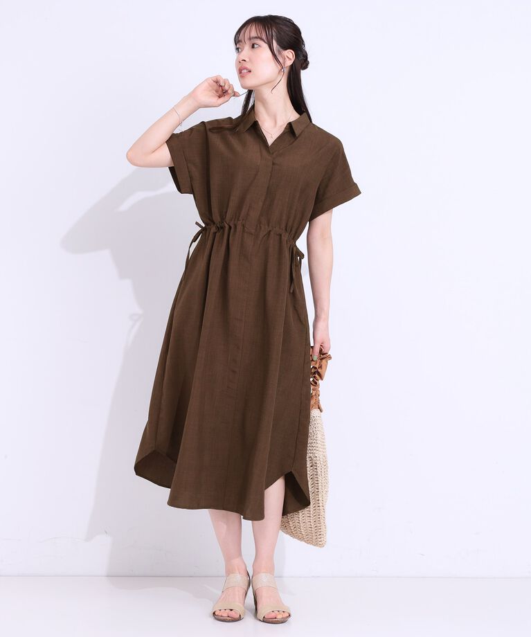 SHOO･LA･RUE「【S-LL】お顔周りすっきり 麻調スキッパーシャツワンピース」|ワンピース|