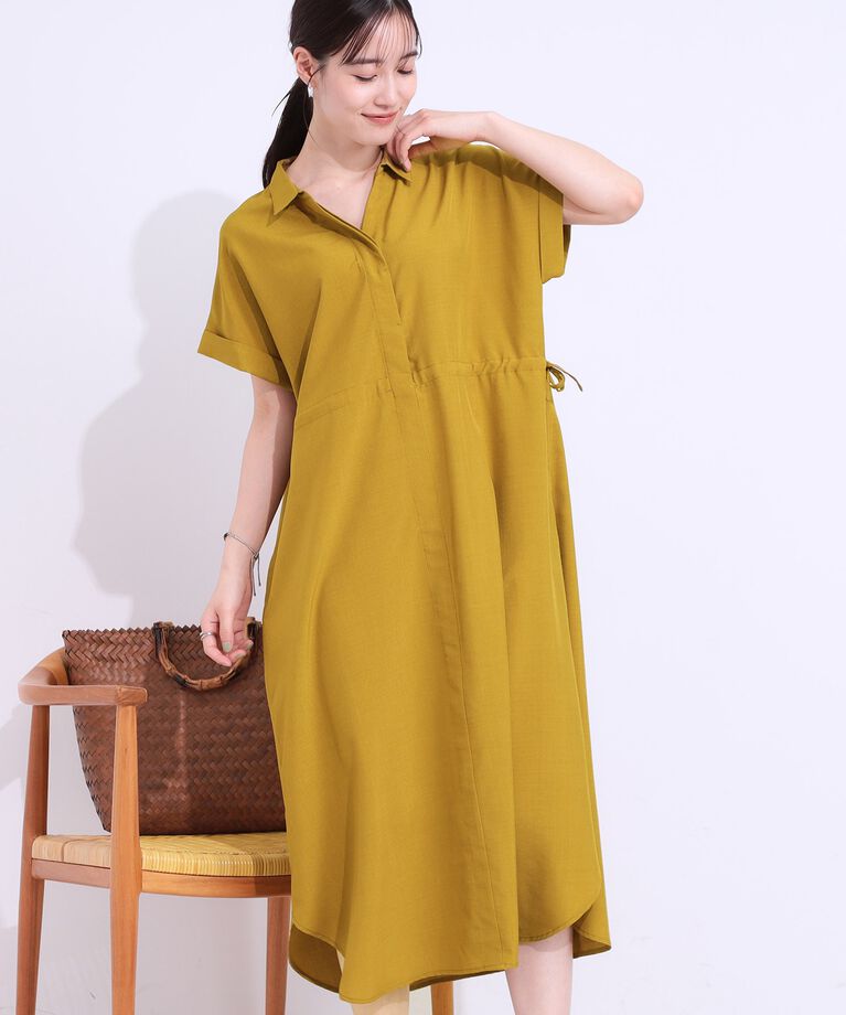 SHOO･LA･RUE「【S-LL】お顔周りすっきり 麻調スキッパーシャツワンピース」|ワンピース|マスタード(033)