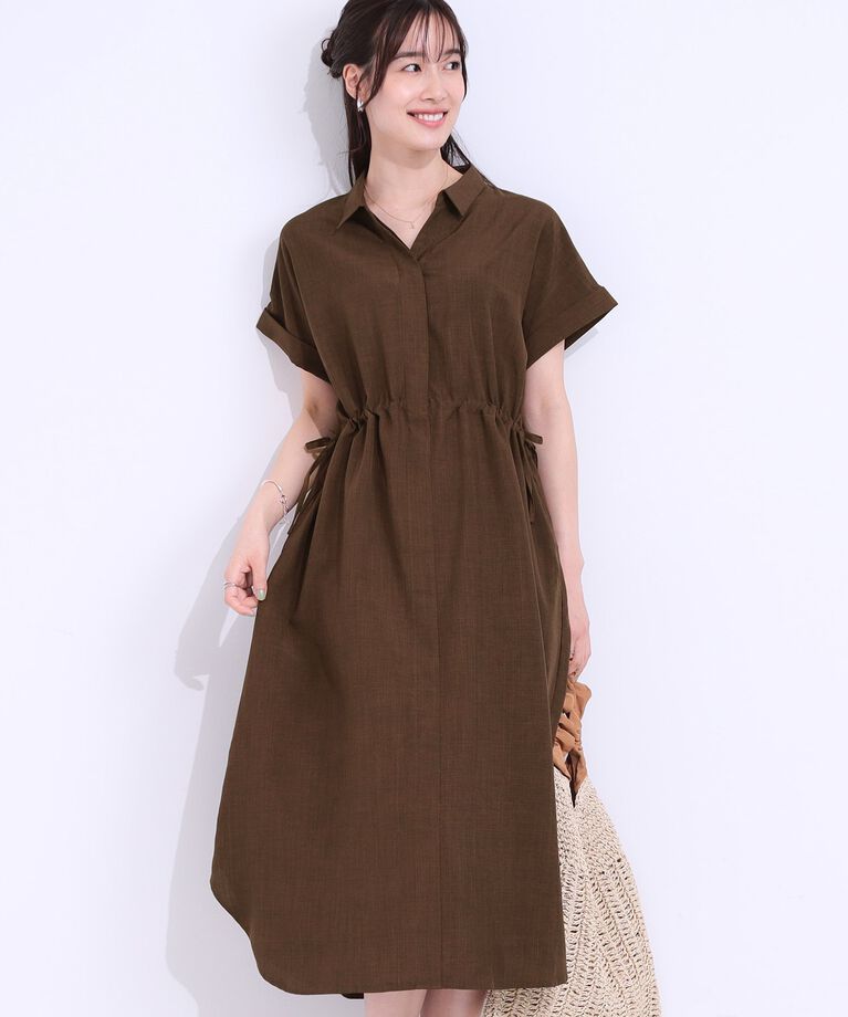 SHOO･LA･RUE「【S-LL】お顔周りすっきり 麻調スキッパーシャツワンピース」|ワンピース|ブラウン(043)