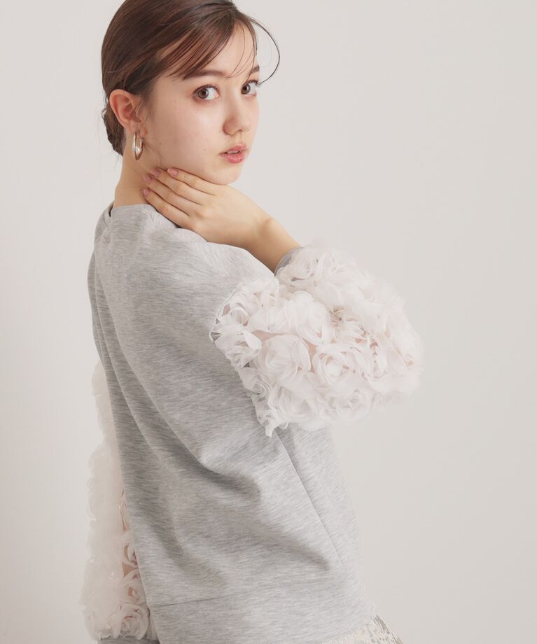 SunaUna「【一足お先に春気分／袖チュールフラワー】ダンボールプルオーバー」|Tシャツ・カットソー|