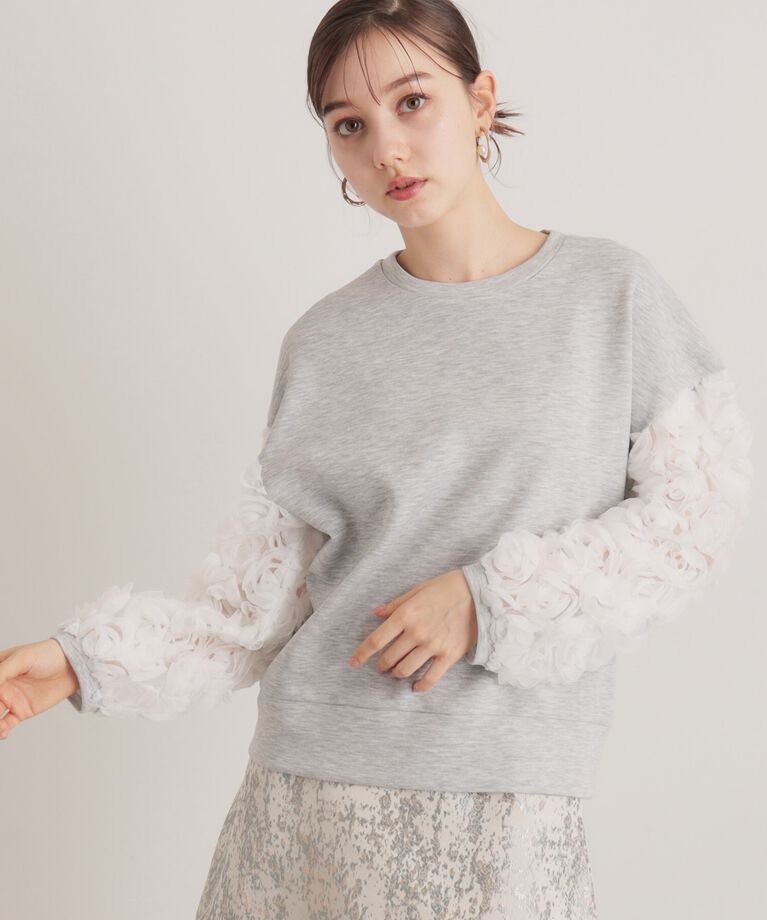 SunaUna「【一足お先に春気分／袖チュールフラワー】ダンボールプルオーバー」|Tシャツ・カットソー|