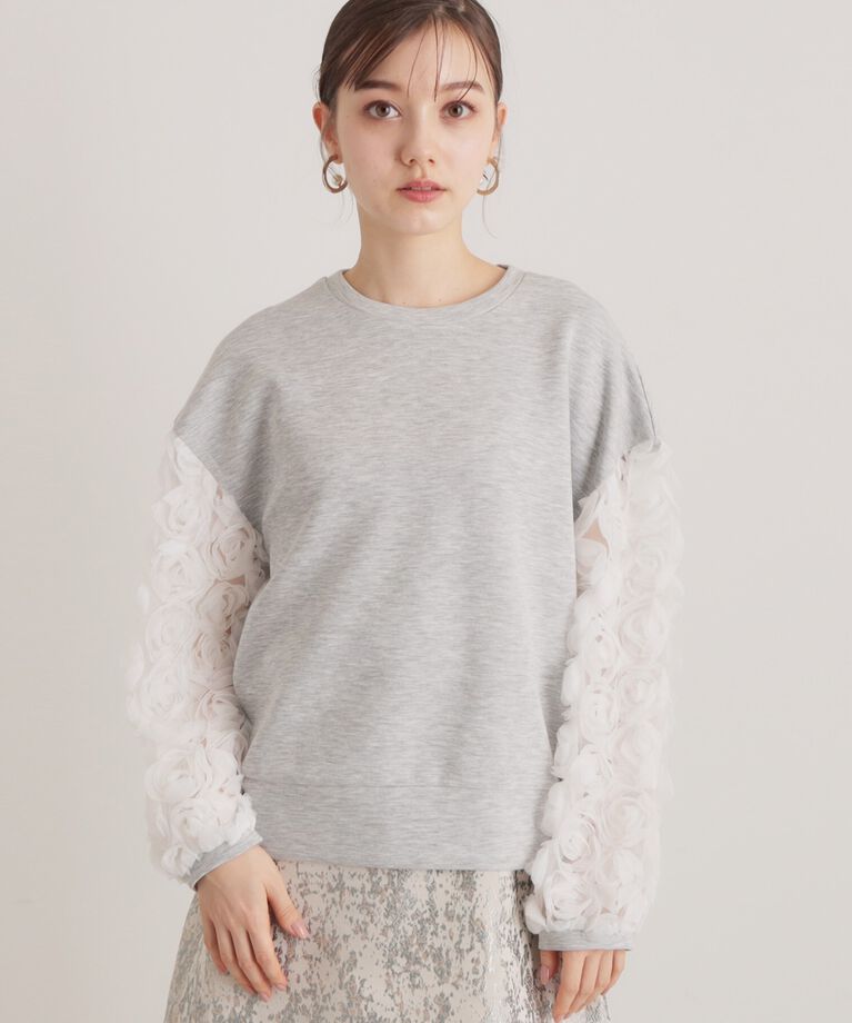 SunaUna「【一足お先に春気分／袖チュールフラワー】ダンボールプルオーバー」|Tシャツ・カットソー|