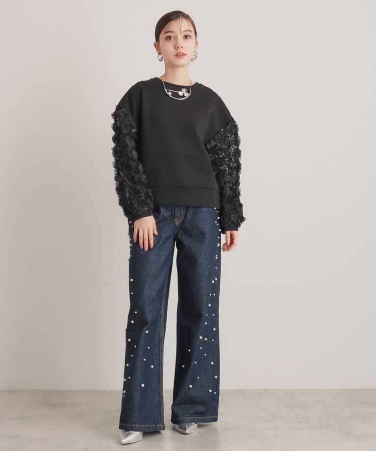 SunaUna「【一足お先に春気分／袖チュールフラワー】ダンボールプルオーバー」|Tシャツ・カットソー|