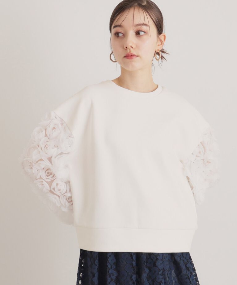 SunaUna「【一足お先に春気分／袖チュールフラワー】ダンボールプルオーバー」|Tシャツ・カットソー|