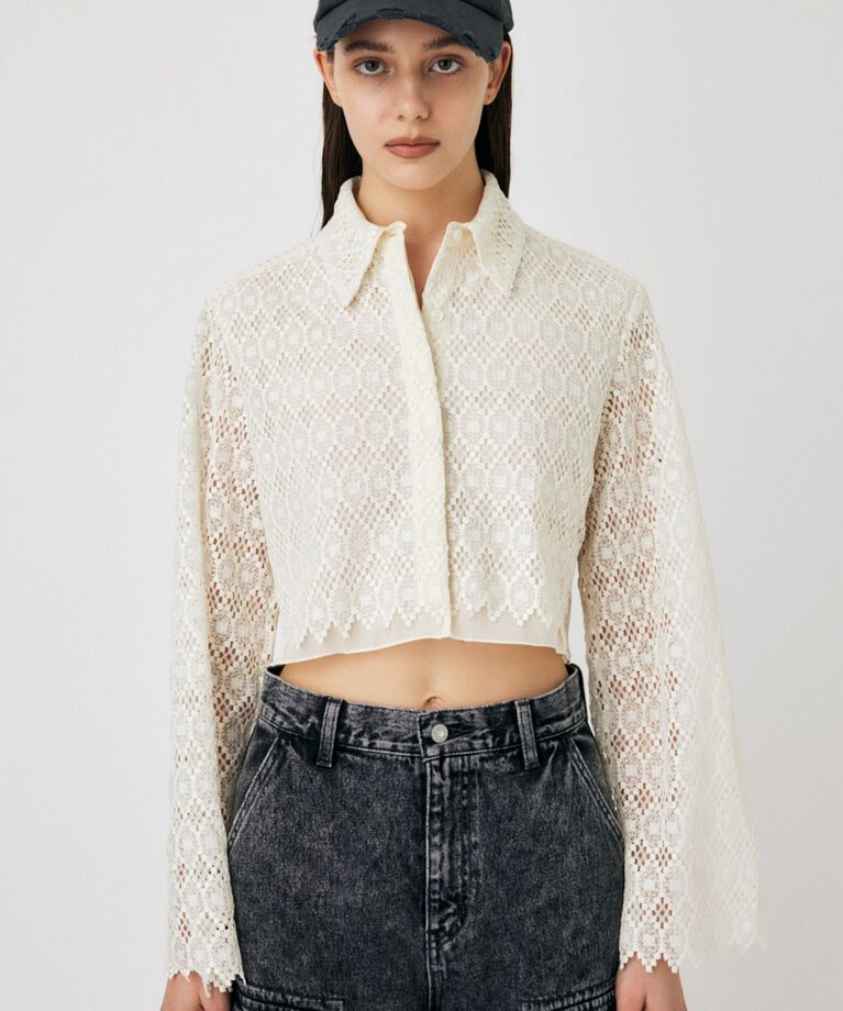 MOUSSY「GEOMETRIC LACE CROP シャツ」|シャツ・ブラウス|WHT
