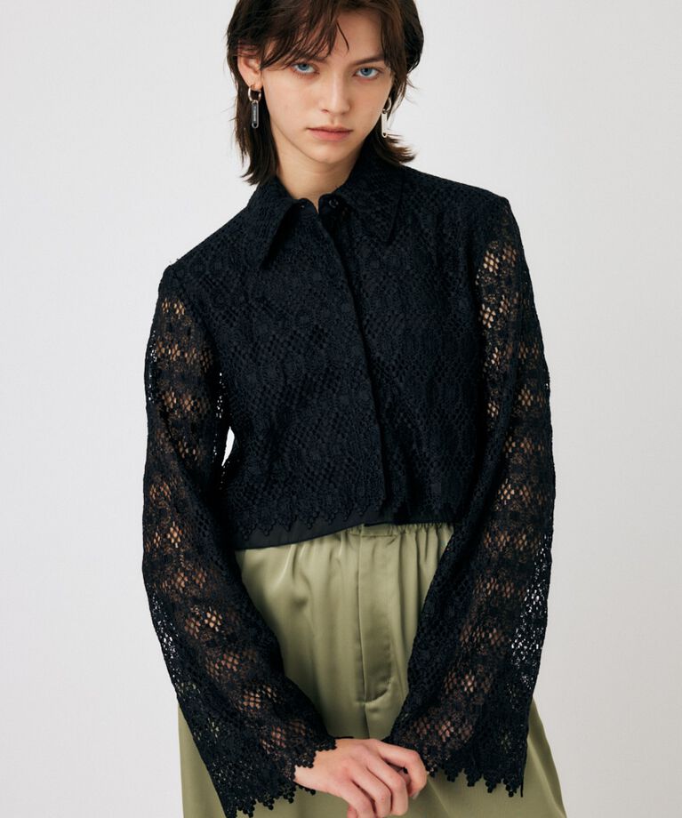 MOUSSY「GEOMETRIC LACE CROP シャツ」|シャツ・ブラウス|BLK