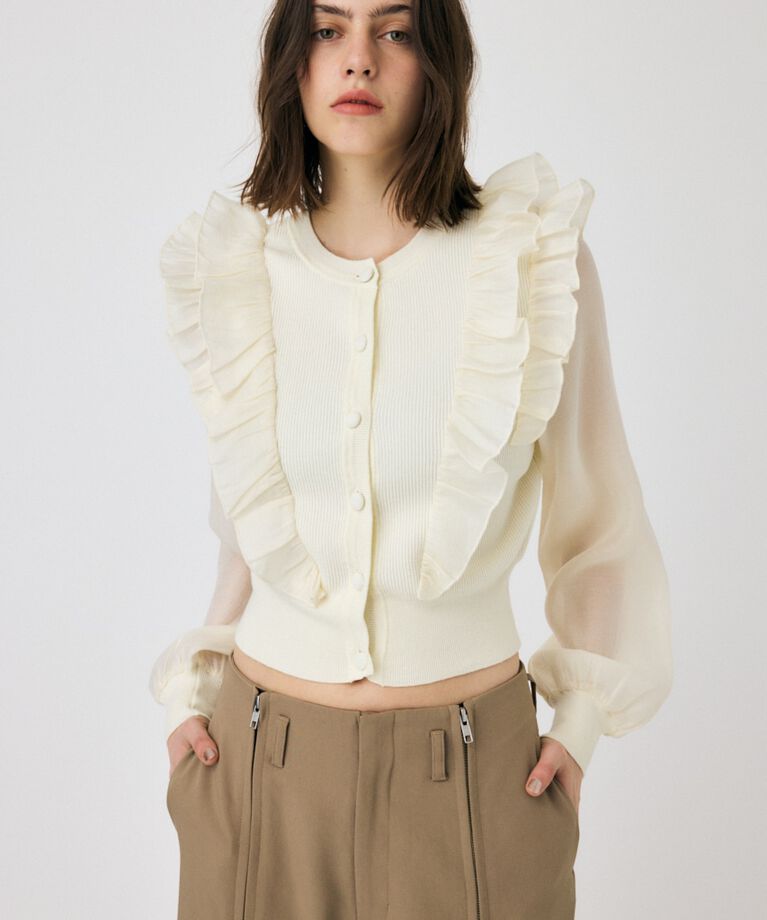 MOUSSY「WOVEN FRILLS カーディガン」|ニット・セーター|O/WHT1
