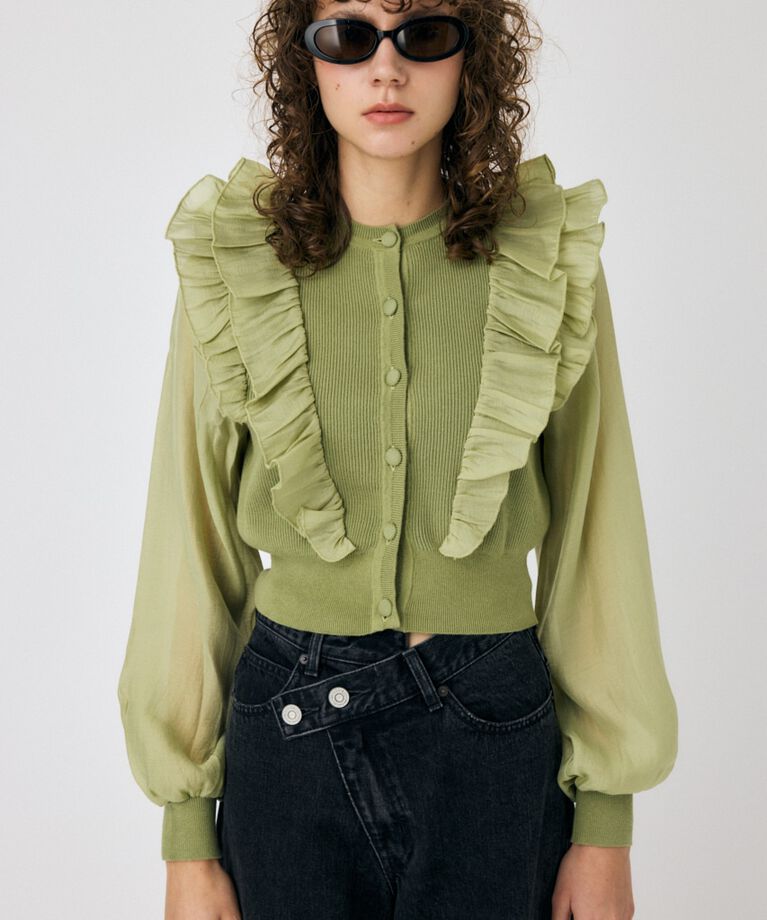 MOUSSY「WOVEN FRILLS カーディガン」|ニット・セーター|L/GRN1