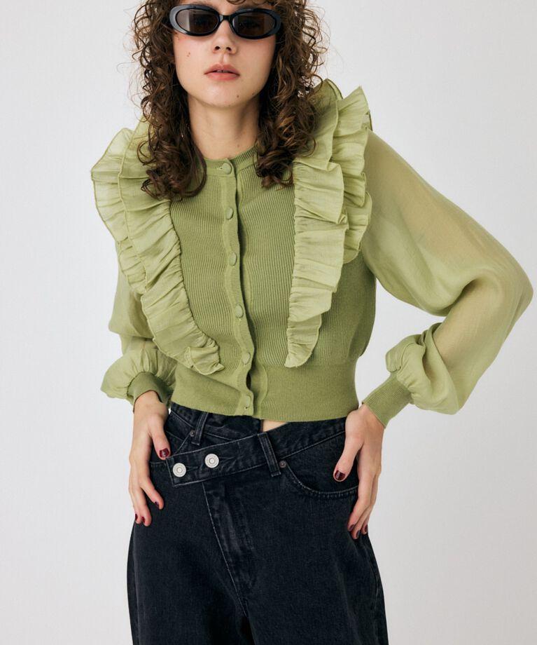 MOUSSY「WOVEN FRILLS カーディガン」|ニット・セーター|
