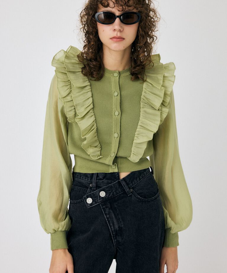 MOUSSY「WOVEN FRILLS カーディガン」|ニット・セーター|