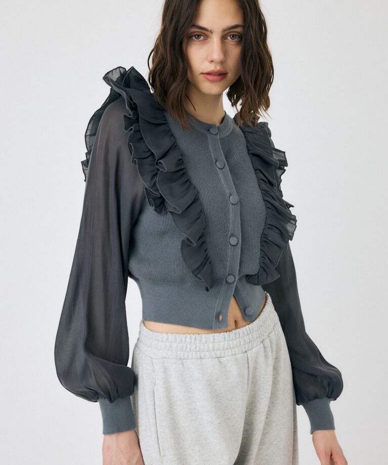 MOUSSY「WOVEN FRILLS カーディガン」|ニット・セーター|C.GRY
