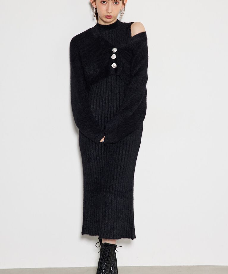 rienda「ビジュー釦カーデSET Knit OP」|ワンピース|BLK
