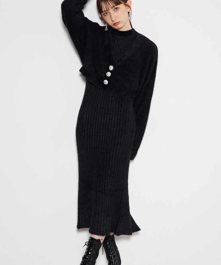 rienda「ビジュー釦カーデSET Knit OP」|ワンピース|