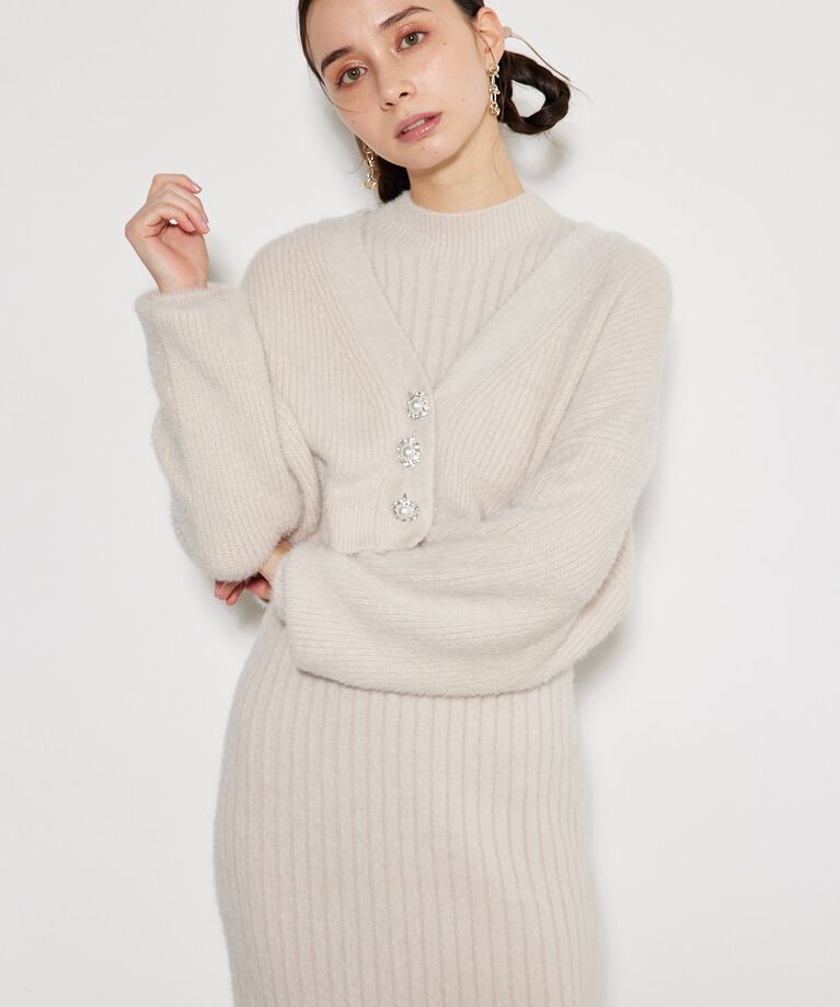 rienda「ビジュー釦カーデSET Knit OP」|ワンピース|