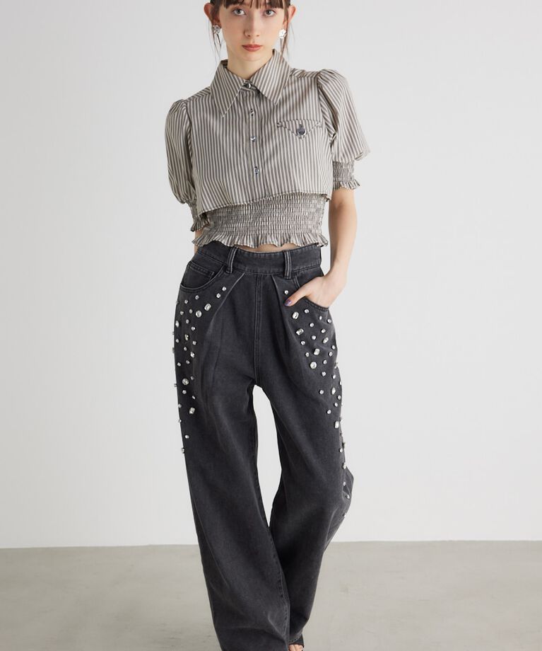 rienda「グラデーションビジュー DENIM J/W PT」|デニム|BLK