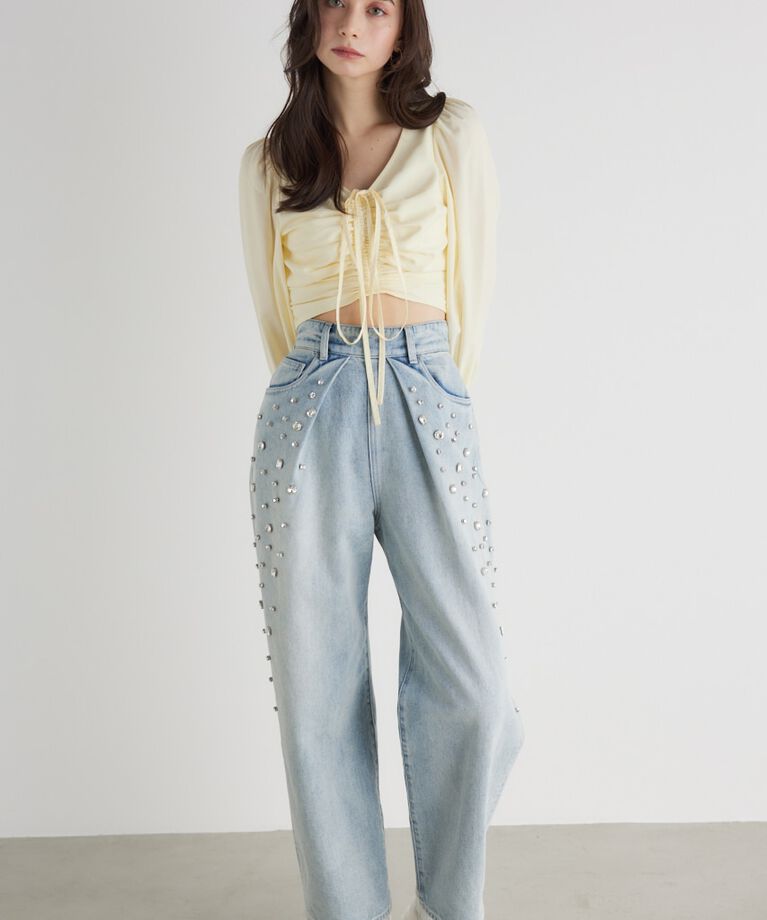 rienda「グラデーションビジュー DENIM J/W PT」|デニム|L/BLU1