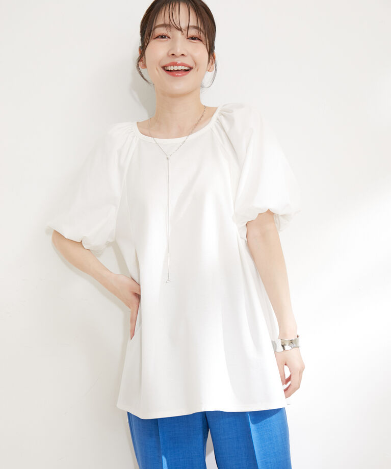 VIS「【洗える】ボリュームスリーブドッキングチュニックトップス」|Tシャツ・カットソー|オフホワイト(15)