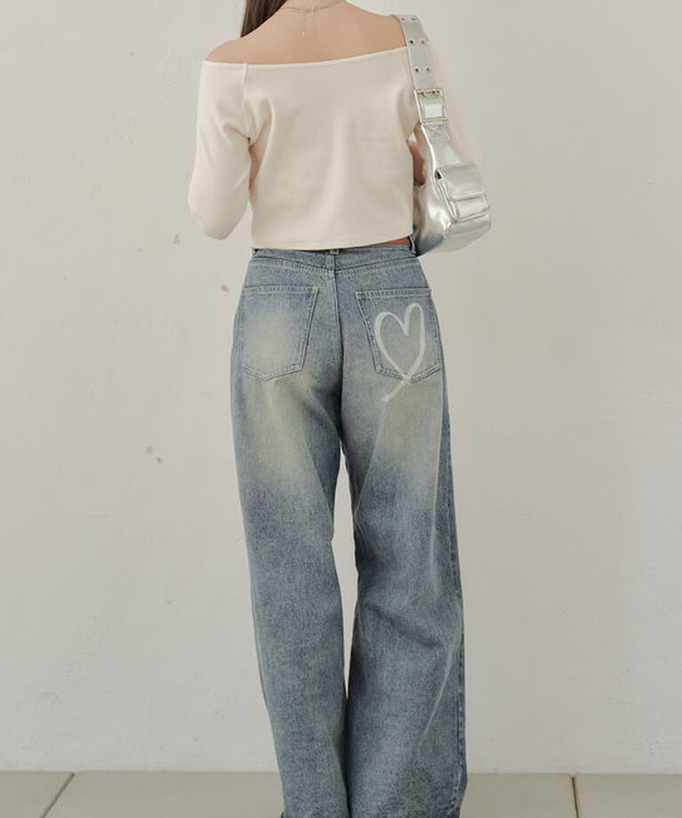  「【3色/4サイズ展開】ハートプリントボックスワイドデニムパンツ」|デニム|