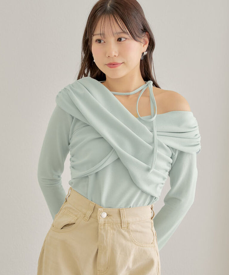  「袖フリルクロスワンショルトップス」|Tシャツ・カットソー|