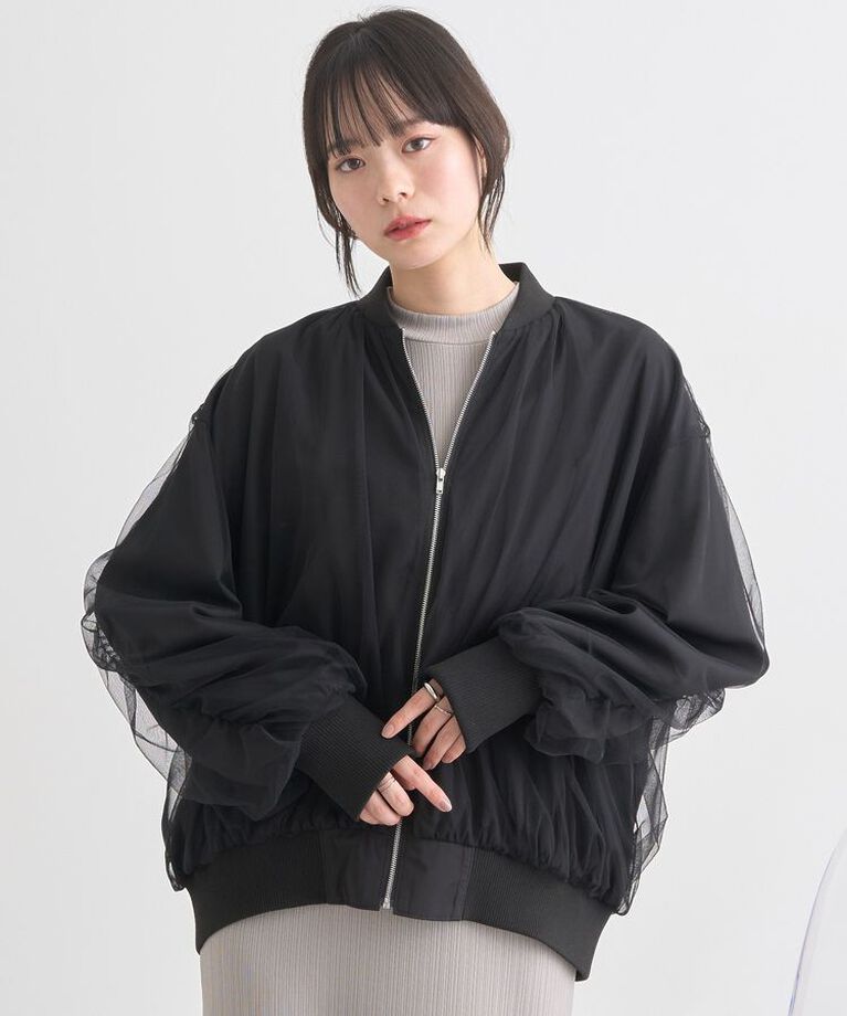 earth music&ecology「チュールレイヤードMA-1」|ブルゾン・スタジャン|Black