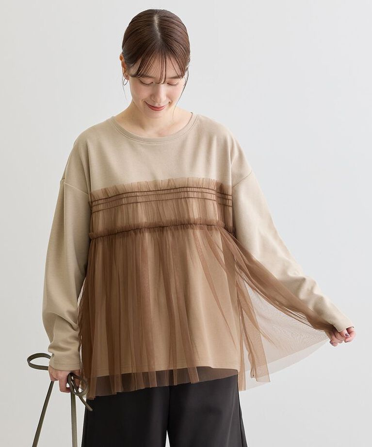 Green Parks「・ELENCARE DUE チュールレイヤープルオーバー」|Tシャツ・カットソー|グレーベージュ