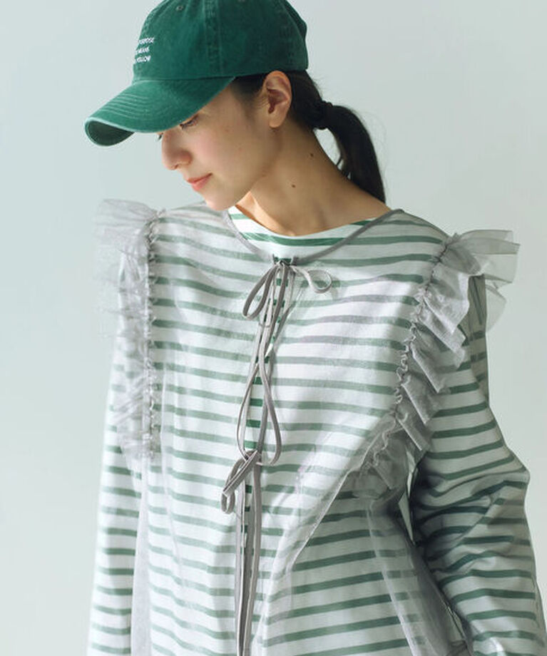 Samansa Mos2 blue「2wayラメチュールフリルプルオーバー」|Tシャツ・カットソー|グレー