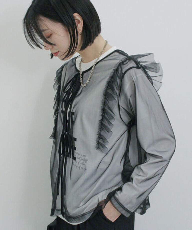 Samansa Mos2 blue「2wayラメチュールフリルプルオーバー」|Tシャツ・カットソー|