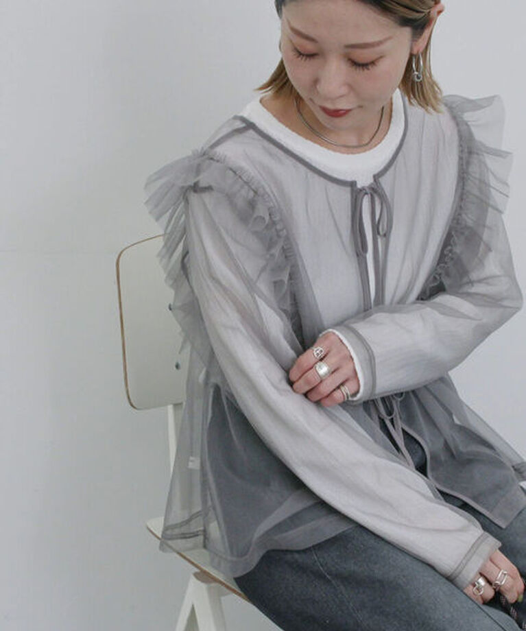 Samansa Mos2 blue「2wayラメチュールフリルプルオーバー」|Tシャツ・カットソー|