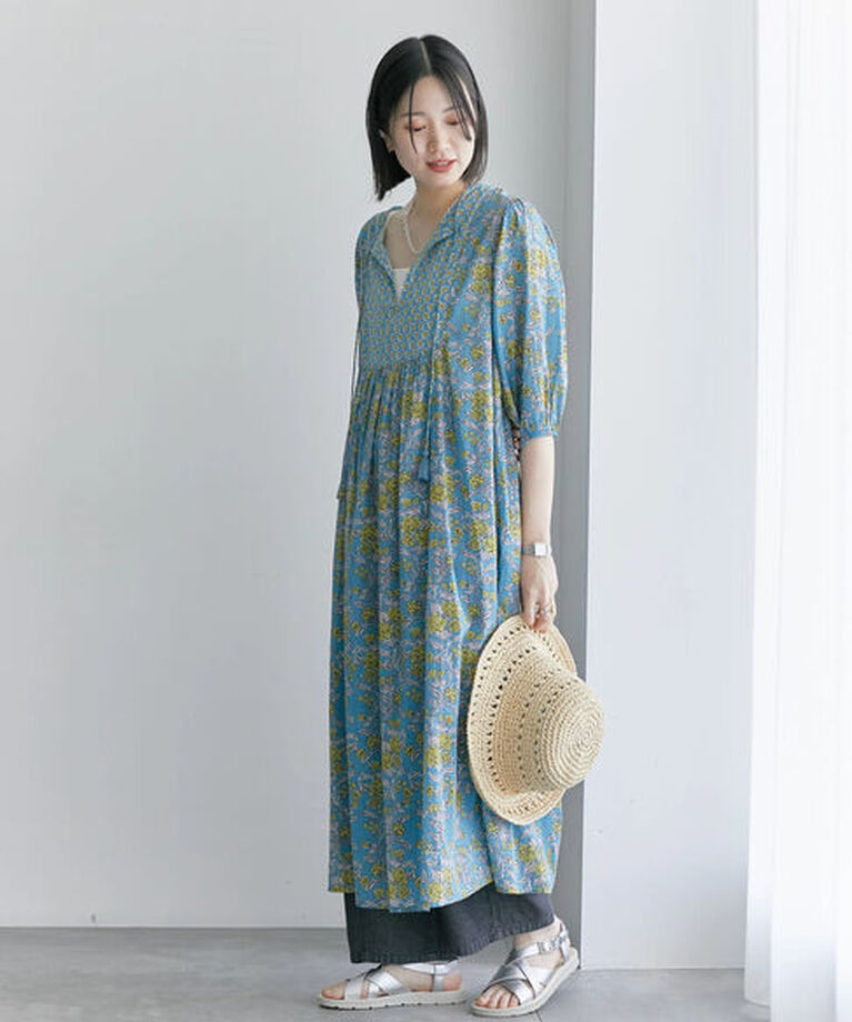 Samansa Mos2 blue「【Made in India】花柄ワンピース」|ワンピース|ブルー