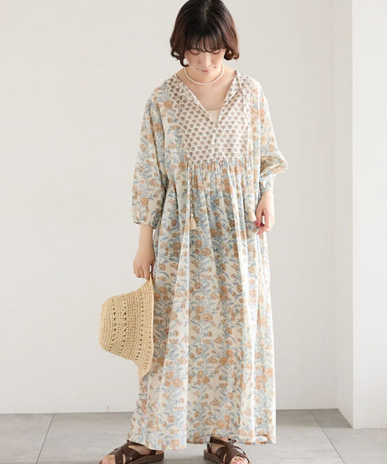 Samansa Mos2 blue「【Made in India】花柄ワンピース」|ワンピース|