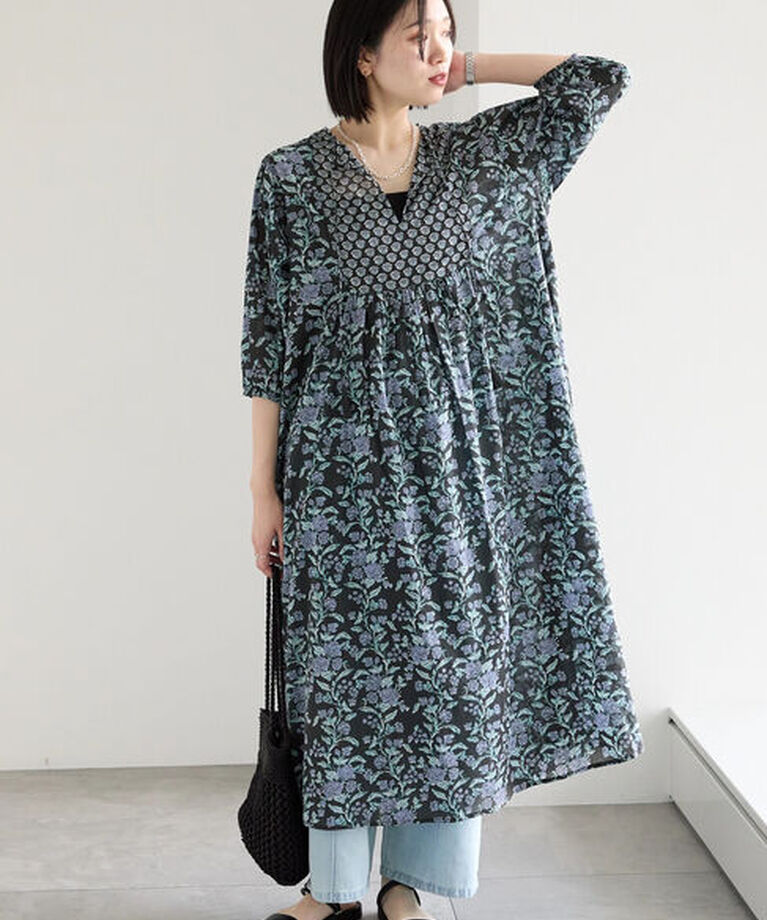 Samansa Mos2 blue「【Made in India】花柄ワンピース」|ワンピース|