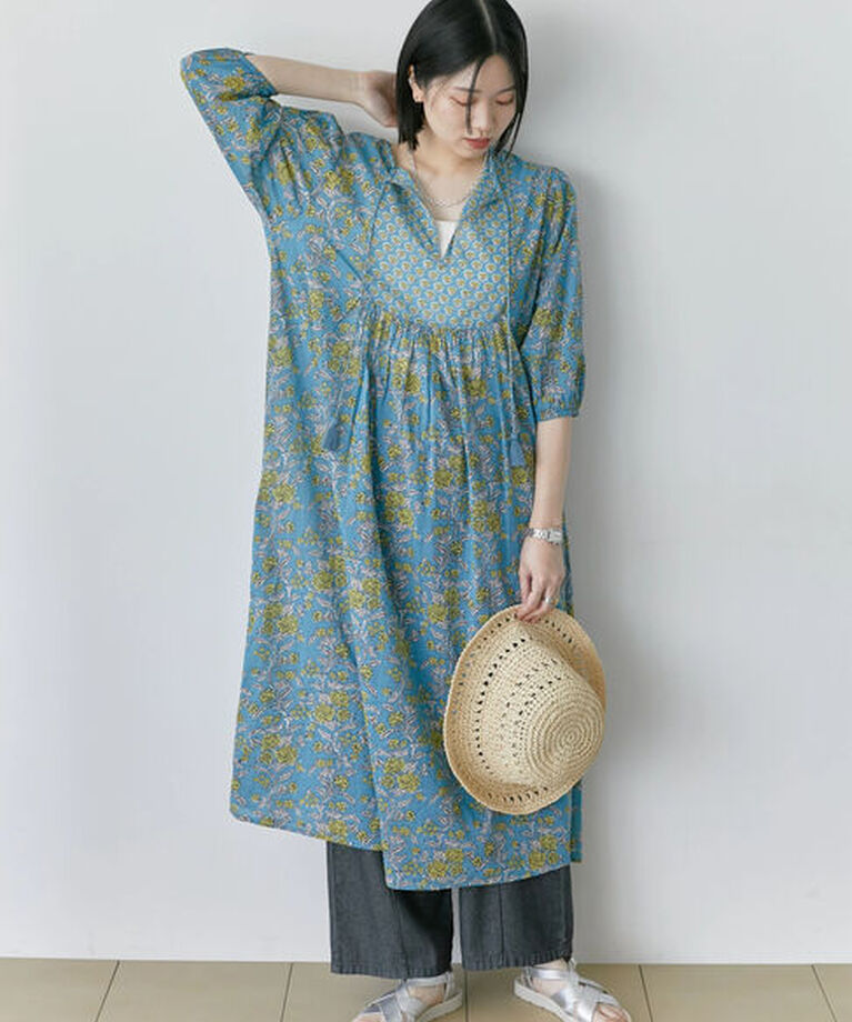 Samansa Mos2 blue「【Made in India】花柄ワンピース」|ワンピース|