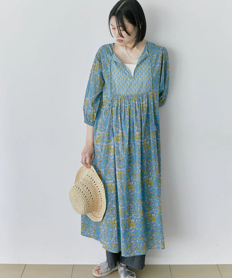 Samansa Mos2 blue「【Made in India】花柄ワンピース」|ワンピース|