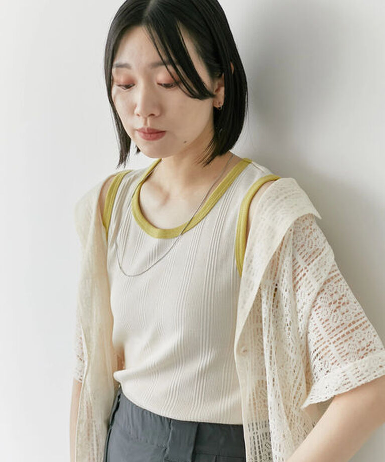 Samansa Mos2 blue「衿袖配色リブタンク」|Tシャツ・カットソー|