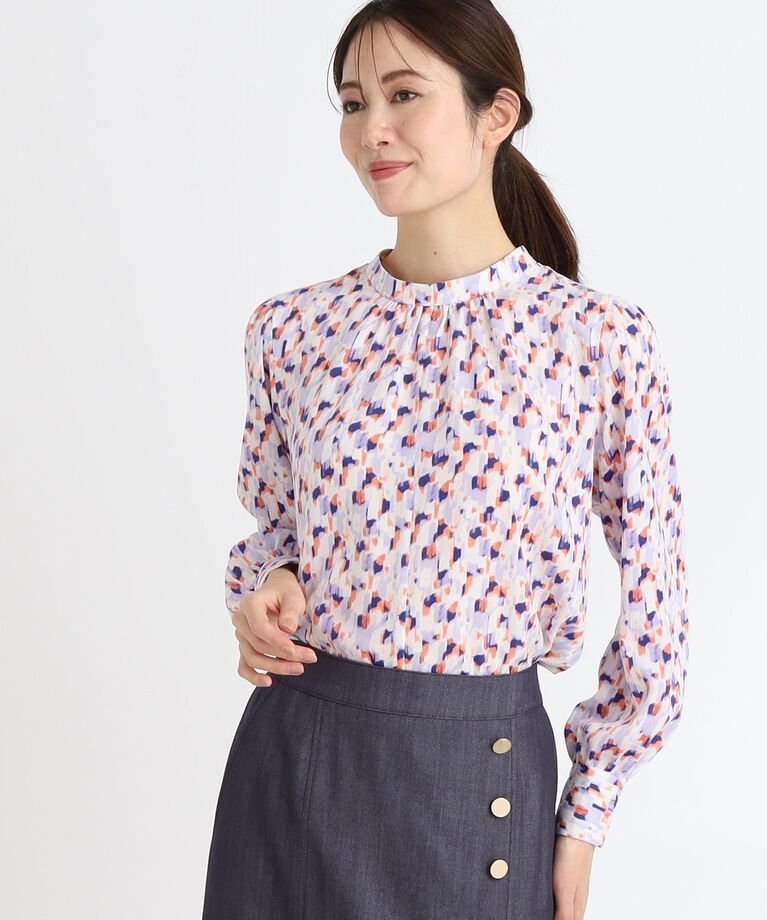 Reflect「【春SALE／マシンウォッシュ可／セットアップ可】パフスリーブプリントブラウス」|シャツ・ブラウス|オレンジ(166)