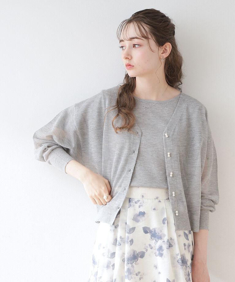 Couture broach「新色＆追加入荷【冷房対策・日焼け対策にも◎】LEVITA／ダブルパール調釦ドロップカーディガン」|カーディガン|