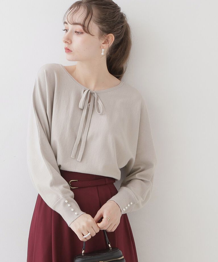Couture broach「【美シルエットニット】リボン2WAYフェイクパール袖ドルマンニット」|ニット・セーター|