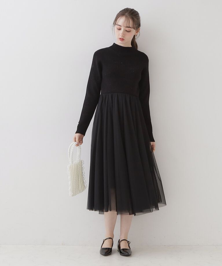 Couture broach「【ふわっと軽い上品なワンピ】ラメニットチュールドッキングワンピース」|ワンピース|