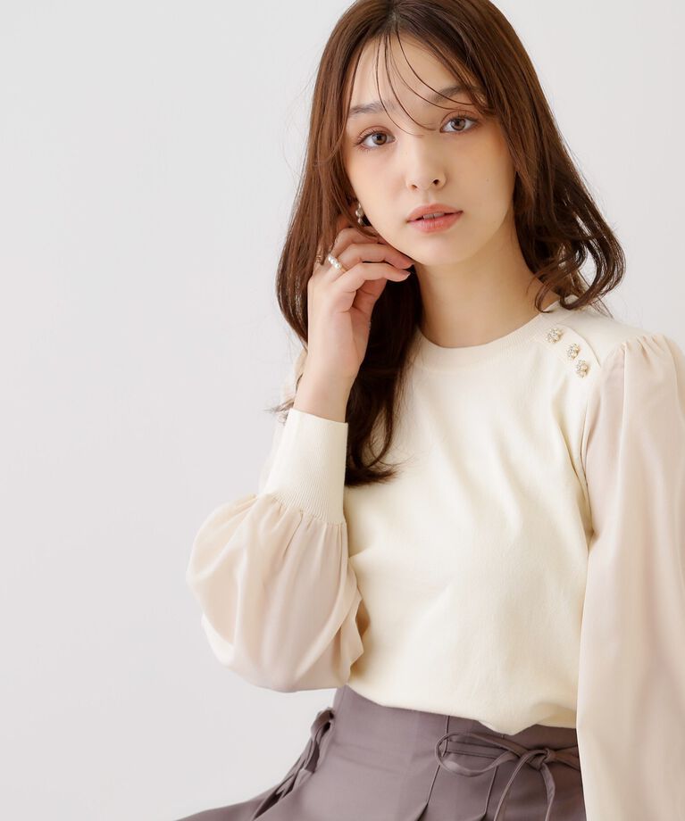 Couture broach「【大人レディなニット・通勤にも】飾り釦ドッキングスリーブニット」|ニット・セーター|