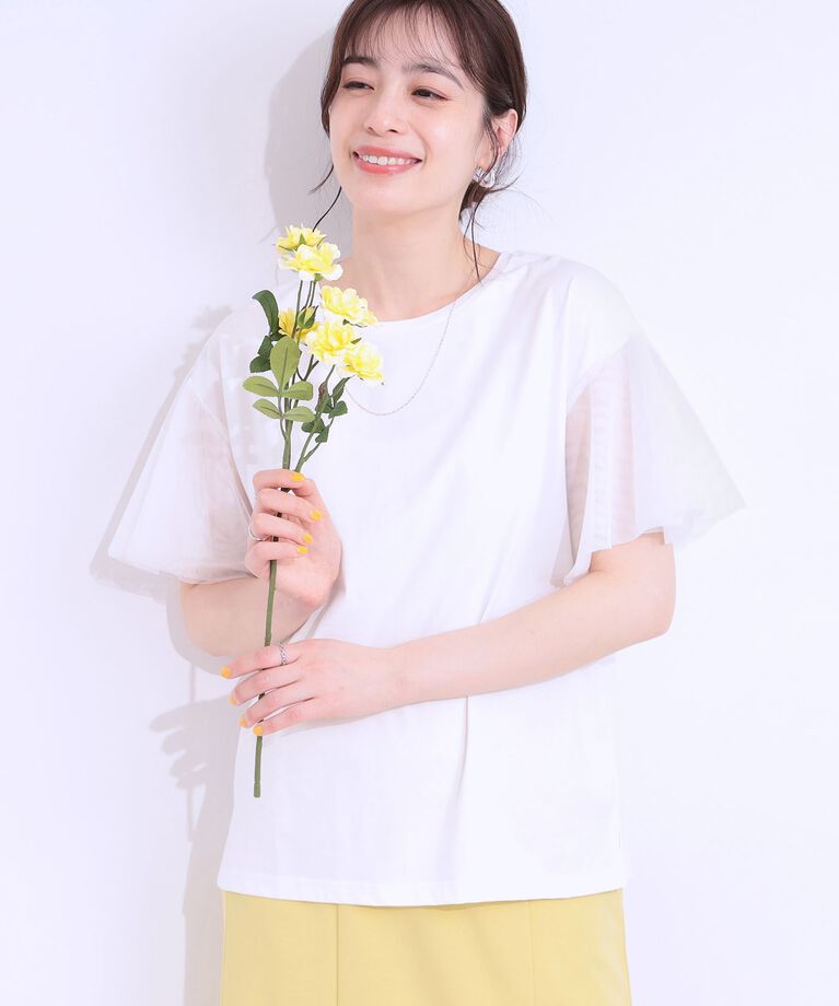 SHOO･LA･RUE「【S-LL/ひんやり】大人フェミニンに お袖チュール フリルトップス」|Tシャツ・カットソー|オフホワイト(003