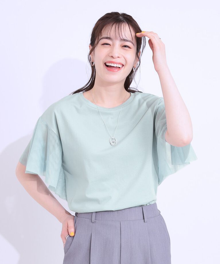 SHOO･LA･RUE「【S-LL/ひんやり】大人フェミニンに お袖チュール フリルトップス」|Tシャツ・カットソー|