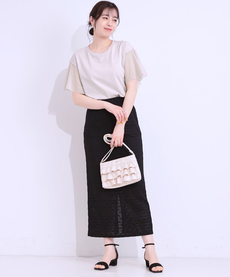 SHOO･LA･RUE「【S-LL/ひんやり】大人フェミニンに お袖チュール フリルトップス」|Tシャツ・カットソー|
